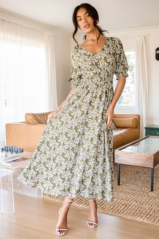 Olive Green Dress - Floral Print Dress ...